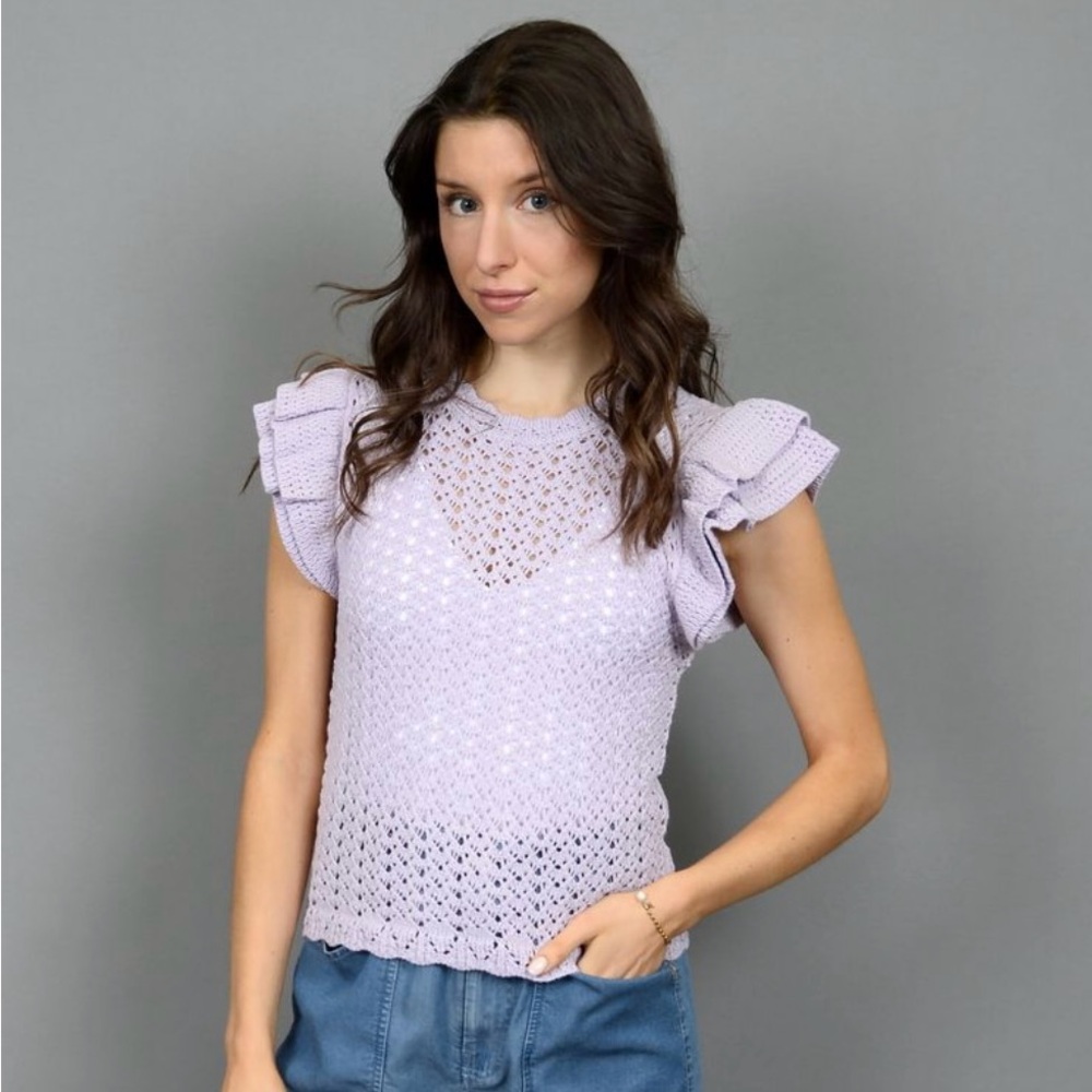 NWT Lilac Crochet Ruffle Sleeve Knit Top - Size Small